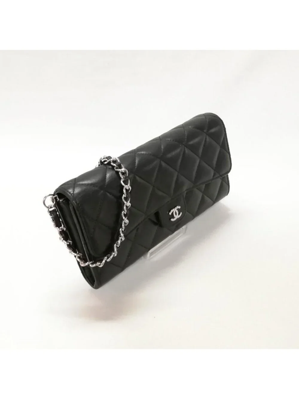 Chanel Lambskin Quilted Wallet Black Silver